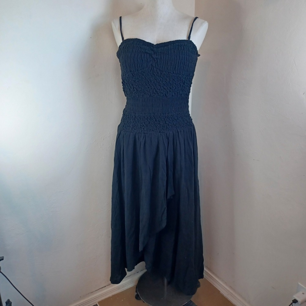 Free People Black Smocked Cotton Midi Dress High Low OB1846477 Size M NEW